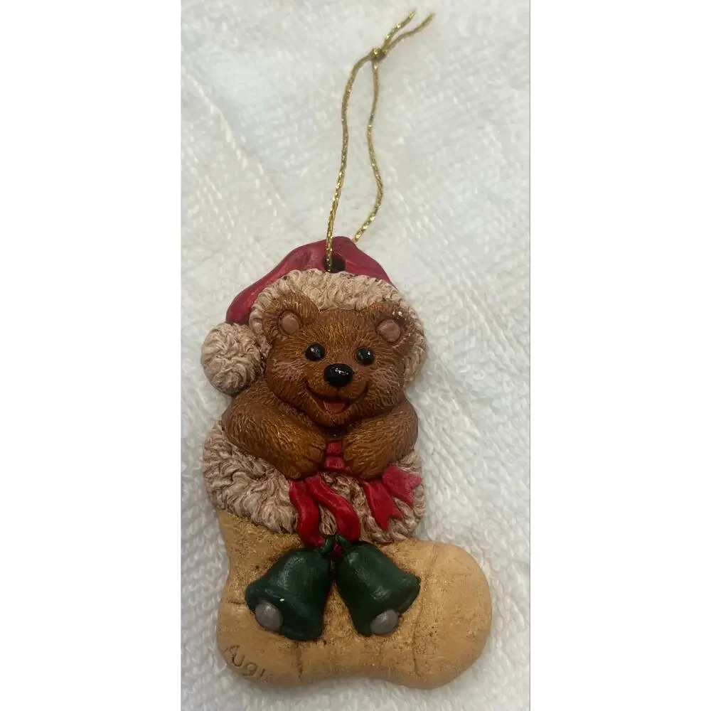 Sherry McNeil Signed Christmas Ornament Lot of 2 Teddy Bear & Cat 90s  Folk Art